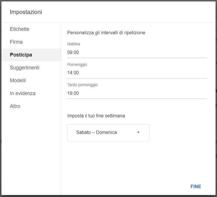 Impostazioni di posticipazione Google Inbox